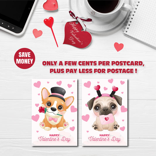 Happy Valentines Day Postcards,(50 Pack) 4"X6" Dog