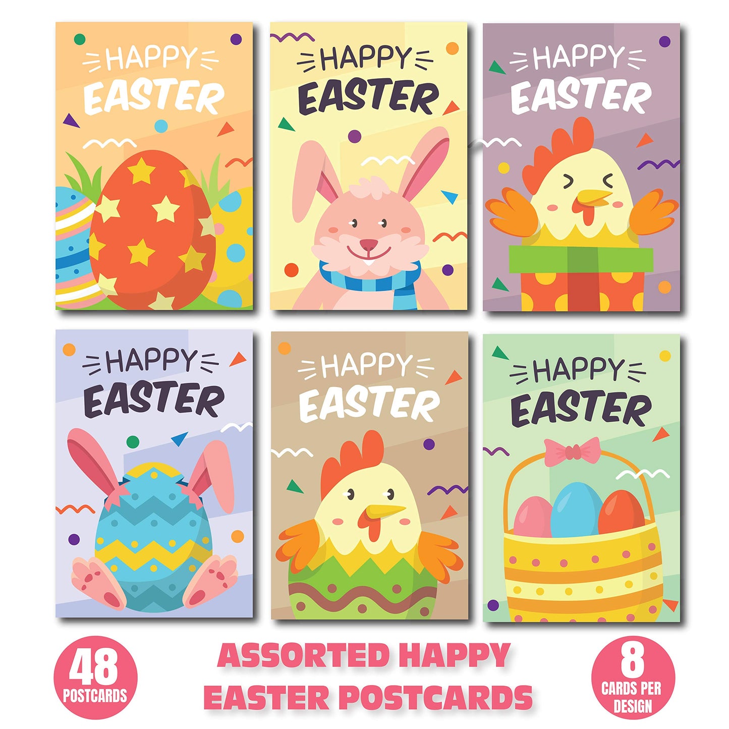 Happy Easter Postcards - (48-Pack, 6 Different Designs)
