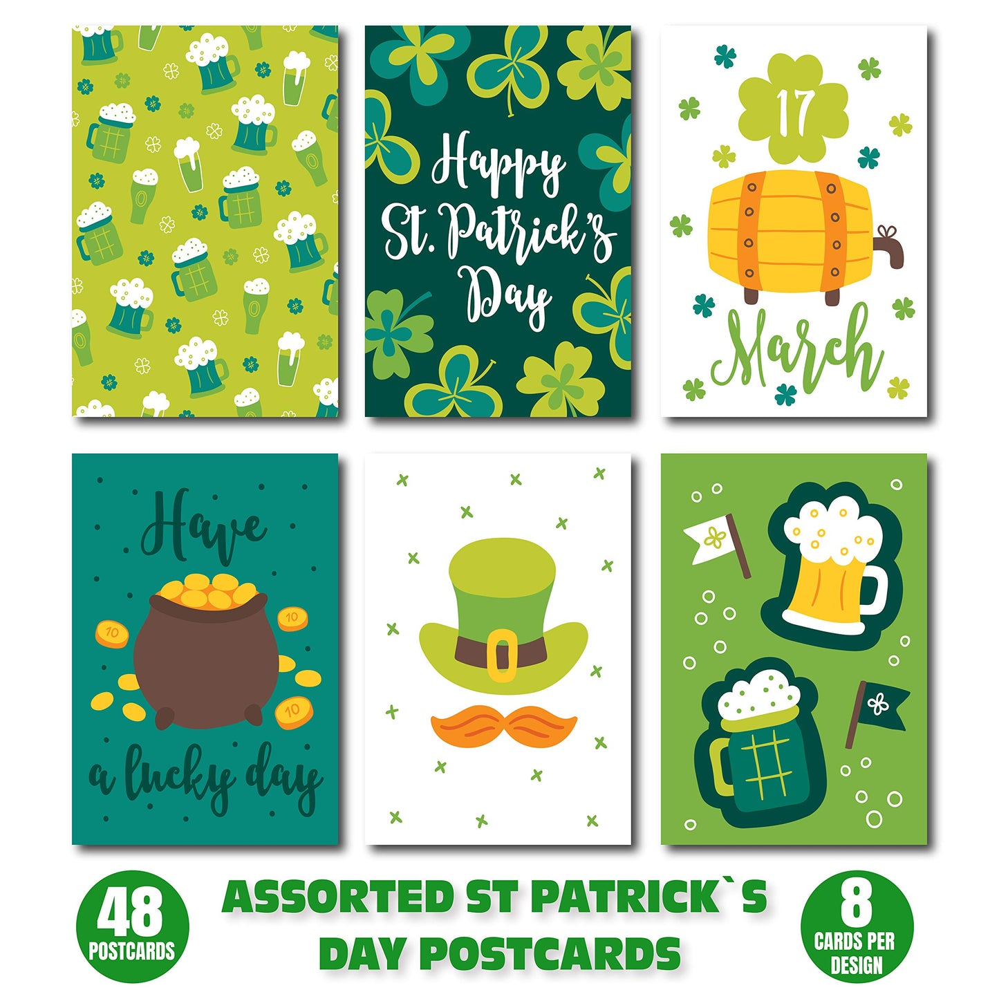 Happy St. Patrick's Day Postcards - (48-Pack, 6 Different Designs) Gold