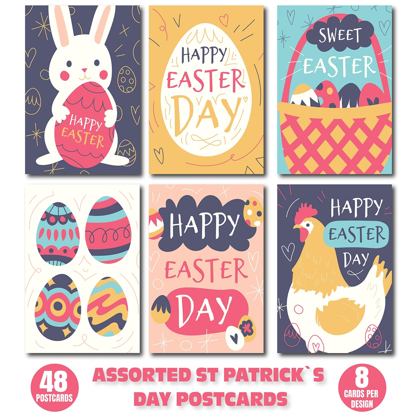 Happy Easter Postcards - (48-Pack, 6 Different Designs)
