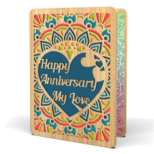 AGAPE LOVE CARDS Wedding Anniversary Card For Husband/Wife - Made From Real Bamboo | 5" X 7" - 1 Pack | Laser Cut, Mandala Themed Anniversary Card for Wife, Husband, Girlfriend, Her, Him