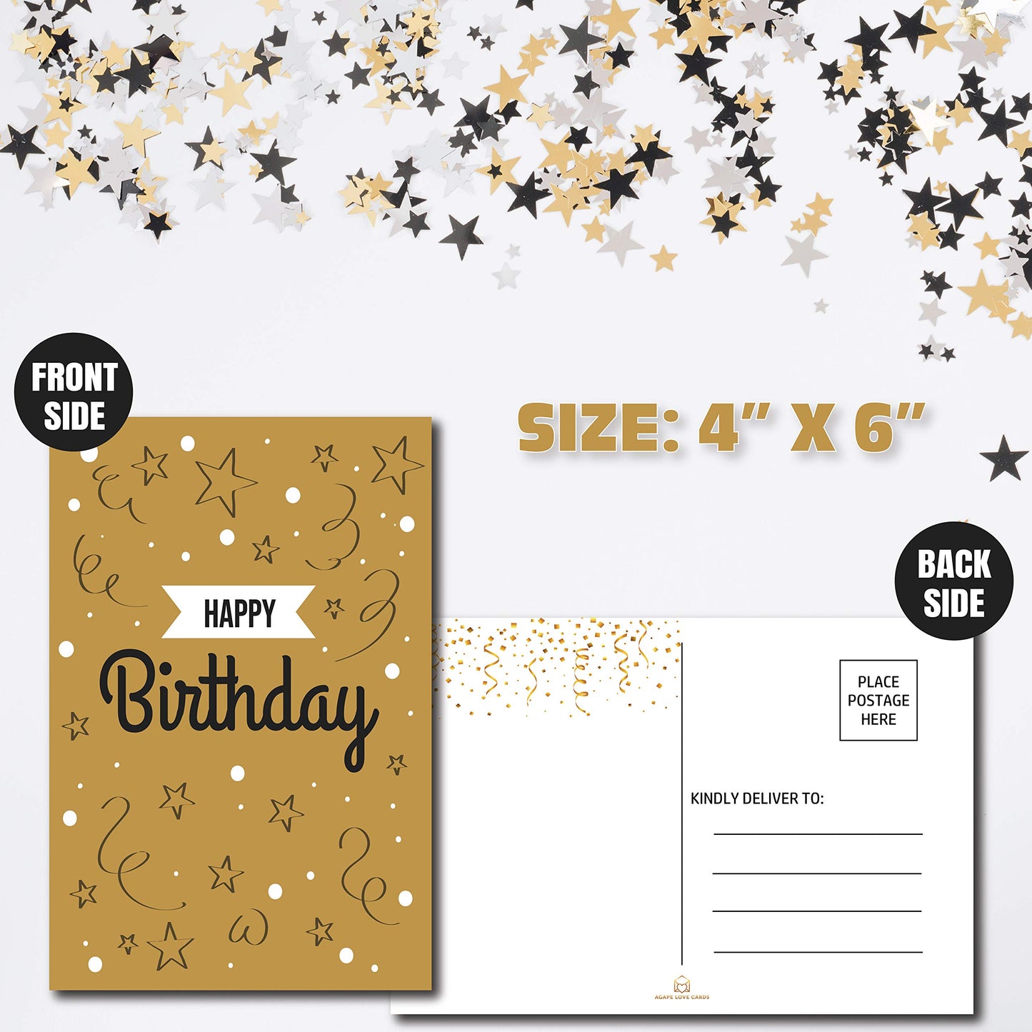 Happy Birthday Postcards - (48 Pack, 6 Different Designs) Golden
