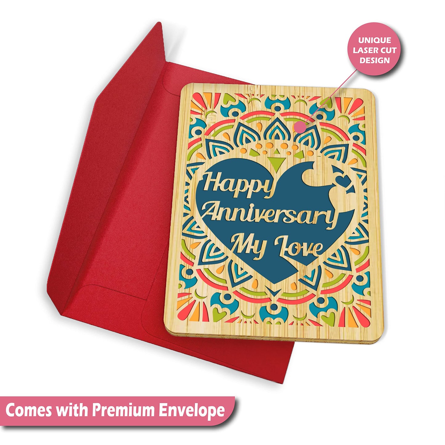 AGAPE LOVE CARDS Wedding Anniversary Card For Husband/Wife - Made From Real Bamboo | 5" X 7" - 1 Pack | Laser Cut, Mandala Themed Anniversary Card for Wife, Husband, Girlfriend, Her, Him