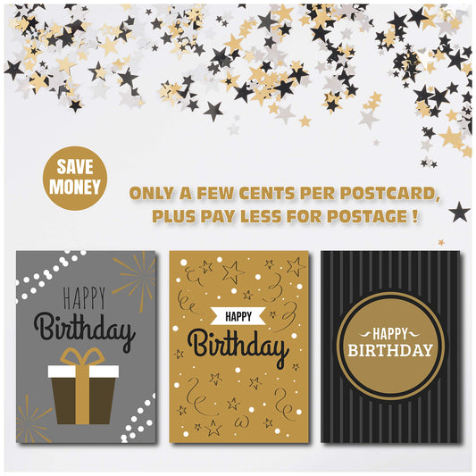 Happy Birthday Postcards - (48 Pack, 6 Different Designs) Golden