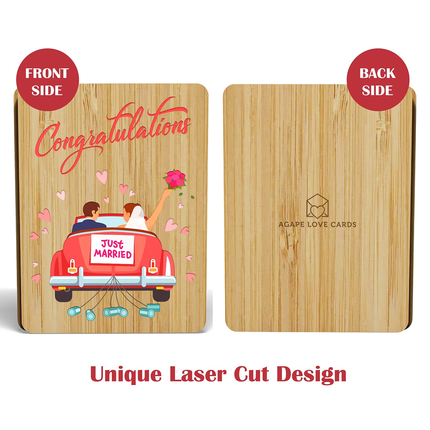 AGAPE LOVE CARDS Wedding Congratulations Card for Couple - Made From Real Bamboo | 6" X 4.5" - 1 Pack (Envelope Included) | Mr. & Mrs. Wedding Card for Bride and Groom (Just Married) (Just Married)