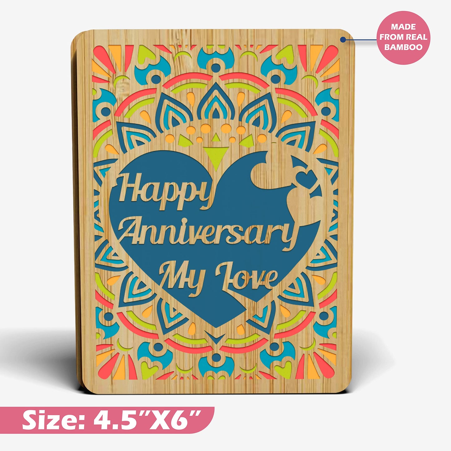 AGAPE LOVE CARDS Wedding Anniversary Card For Husband/Wife - Made From Real Bamboo | 5" X 7" - 1 Pack | Laser Cut, Mandala Themed Anniversary Card for Wife, Husband, Girlfriend, Her, Him