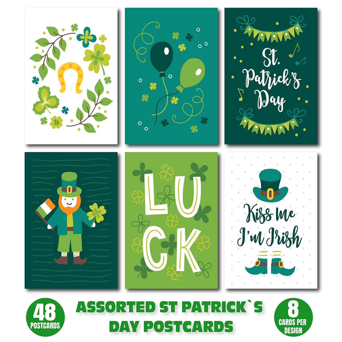 Happy St. Patrick's Day Postcards - (48-Pack, 6 Different Designs) Luck