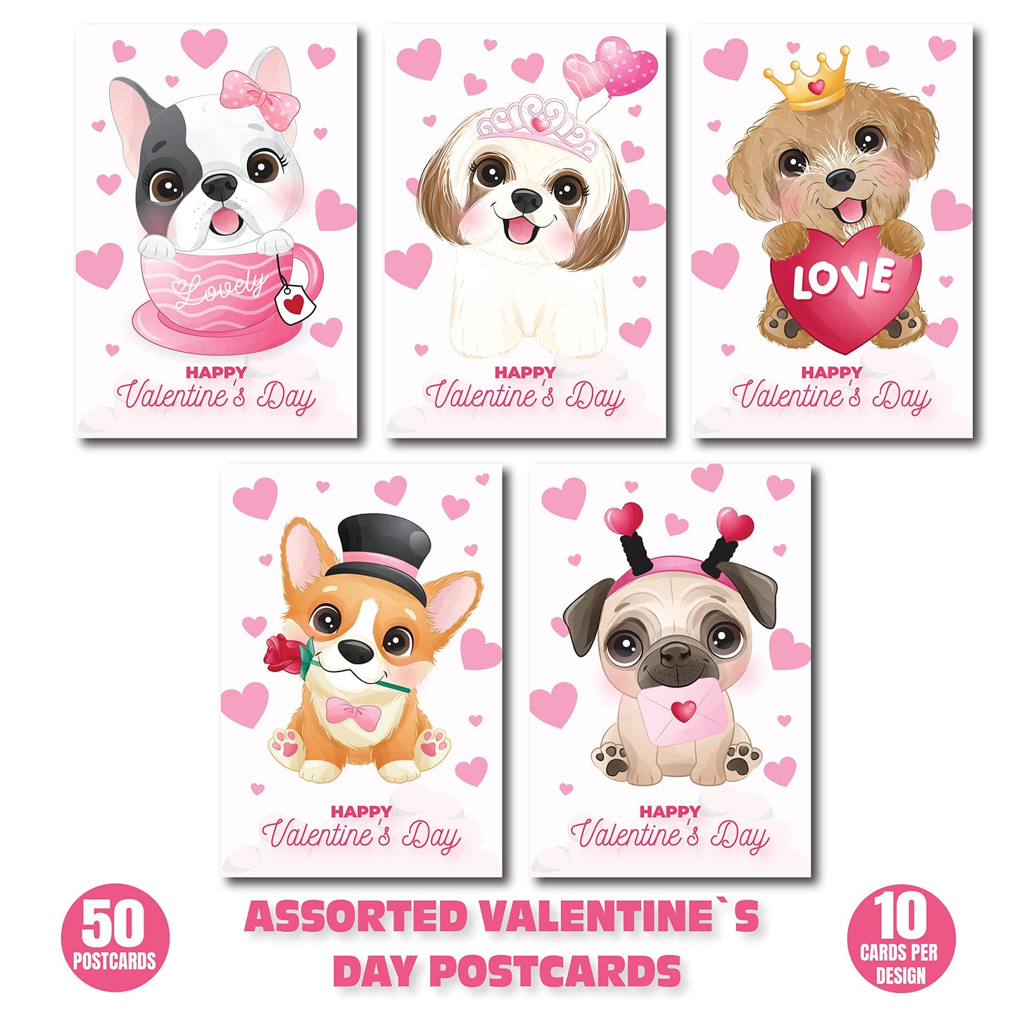 Happy Valentines Day Postcards,(50 Pack) 4"X6" Dog