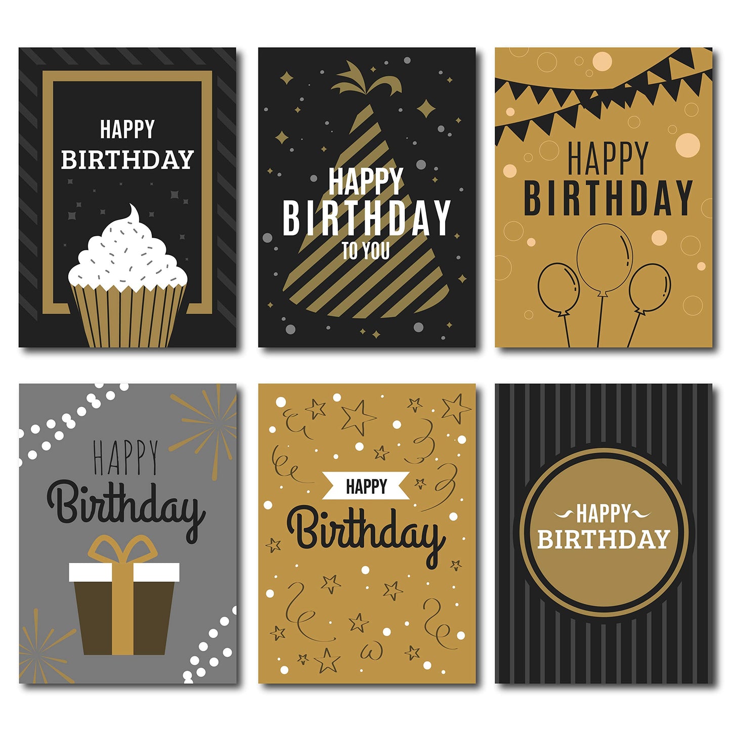 Happy Birthday Postcards - (48 Pack, 6 Different Designs) Golden