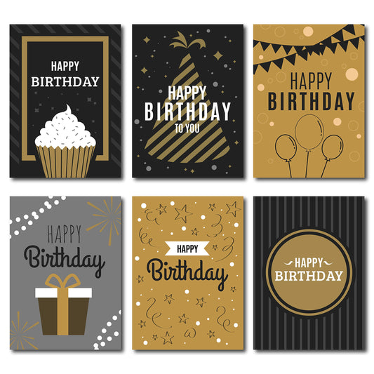 Happy Birthday Postcards - (48 Pack, 6 Different Designs) Golden