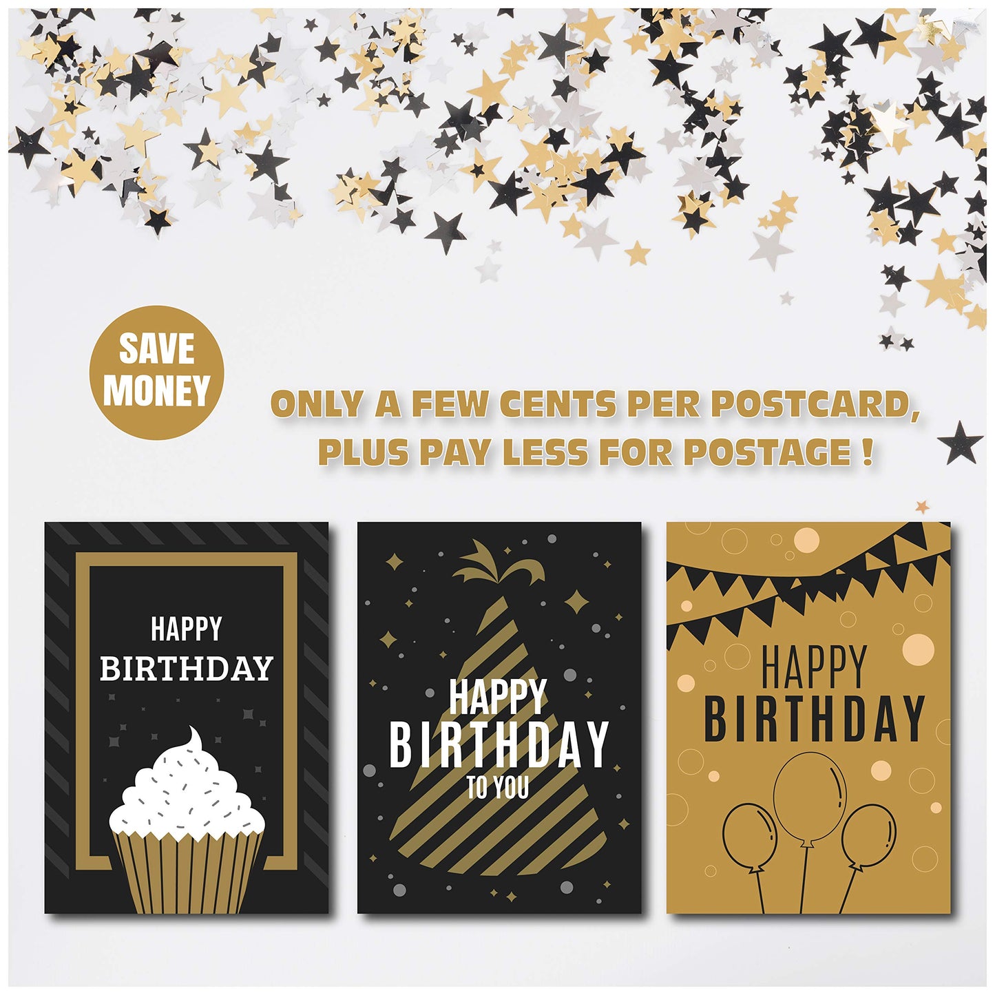 Happy Birthday Postcards - (48 Pack, 6 Different Designs) Golden