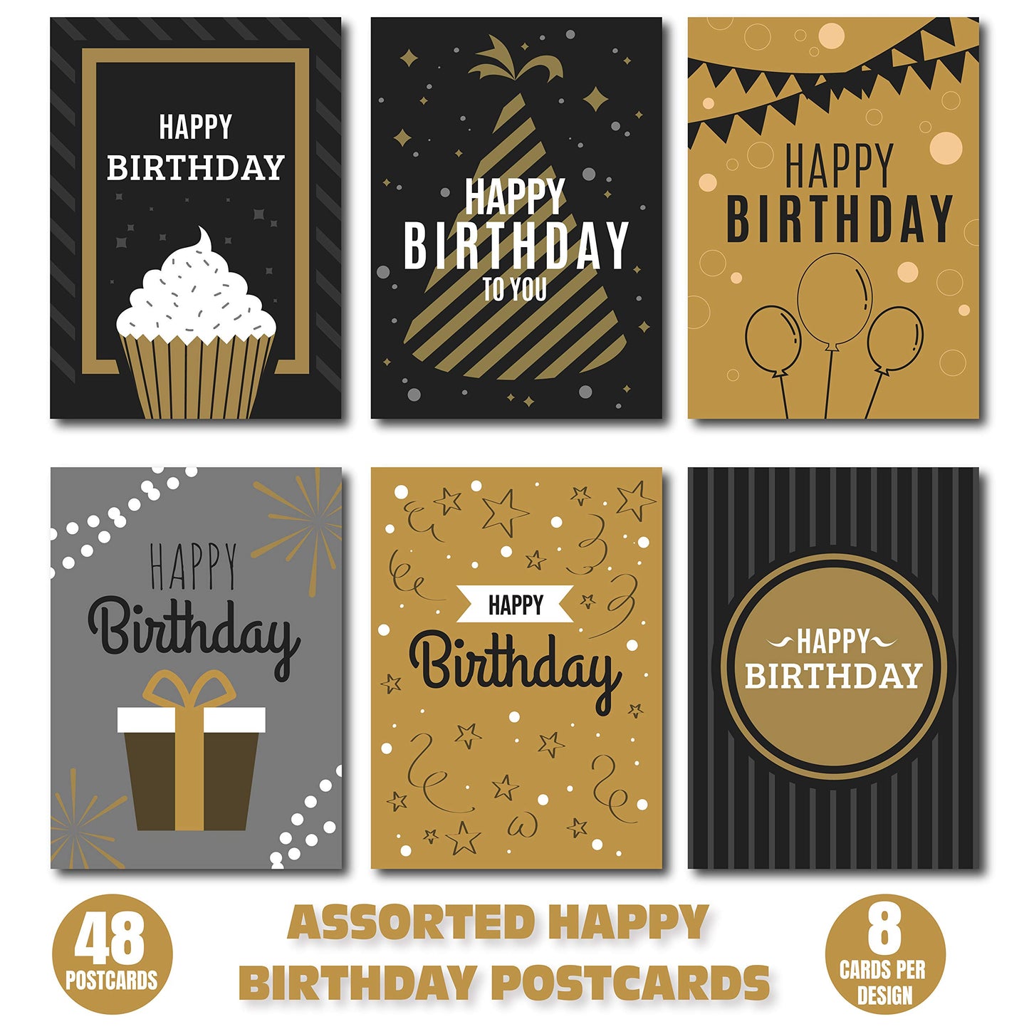 Happy Birthday Postcards - (48 Pack, 6 Different Designs) Golden
