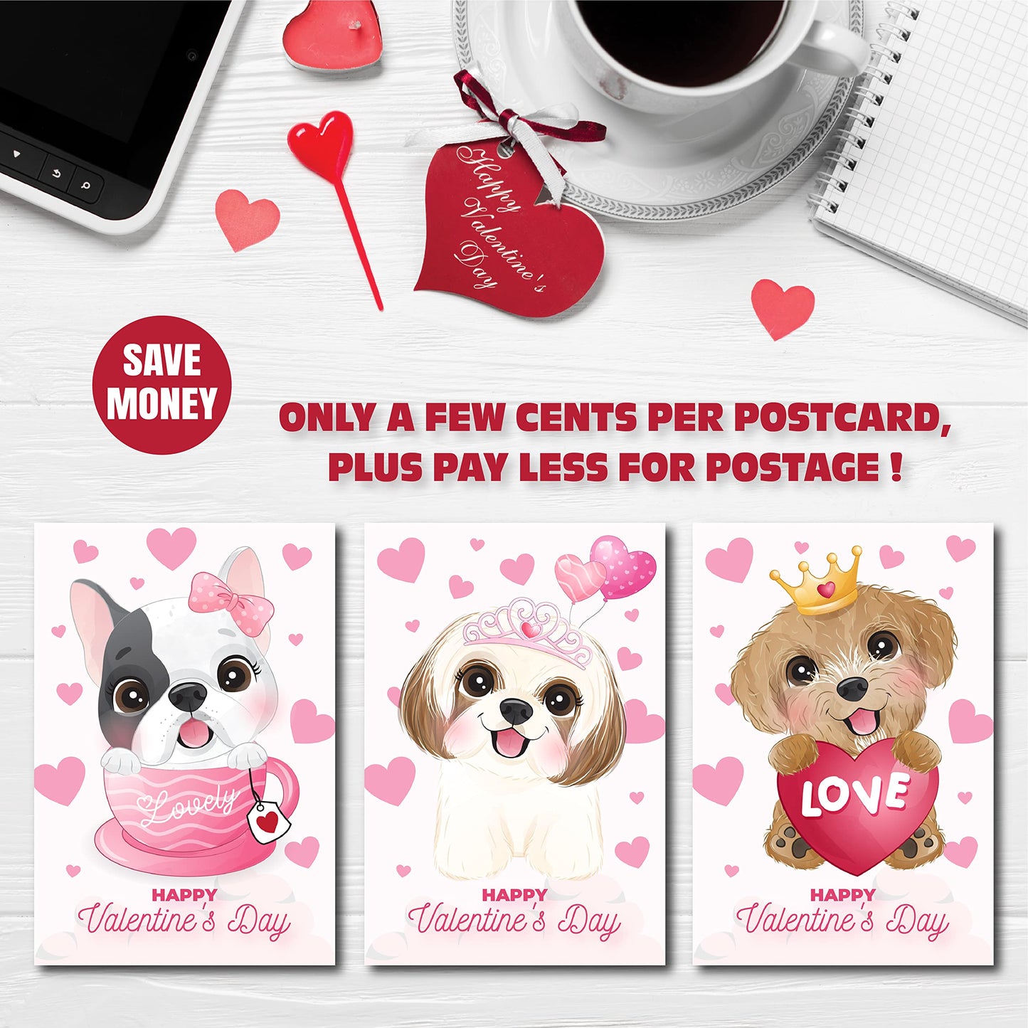 Happy Valentines Day Postcards,(50 Pack) 4"X6" Dog