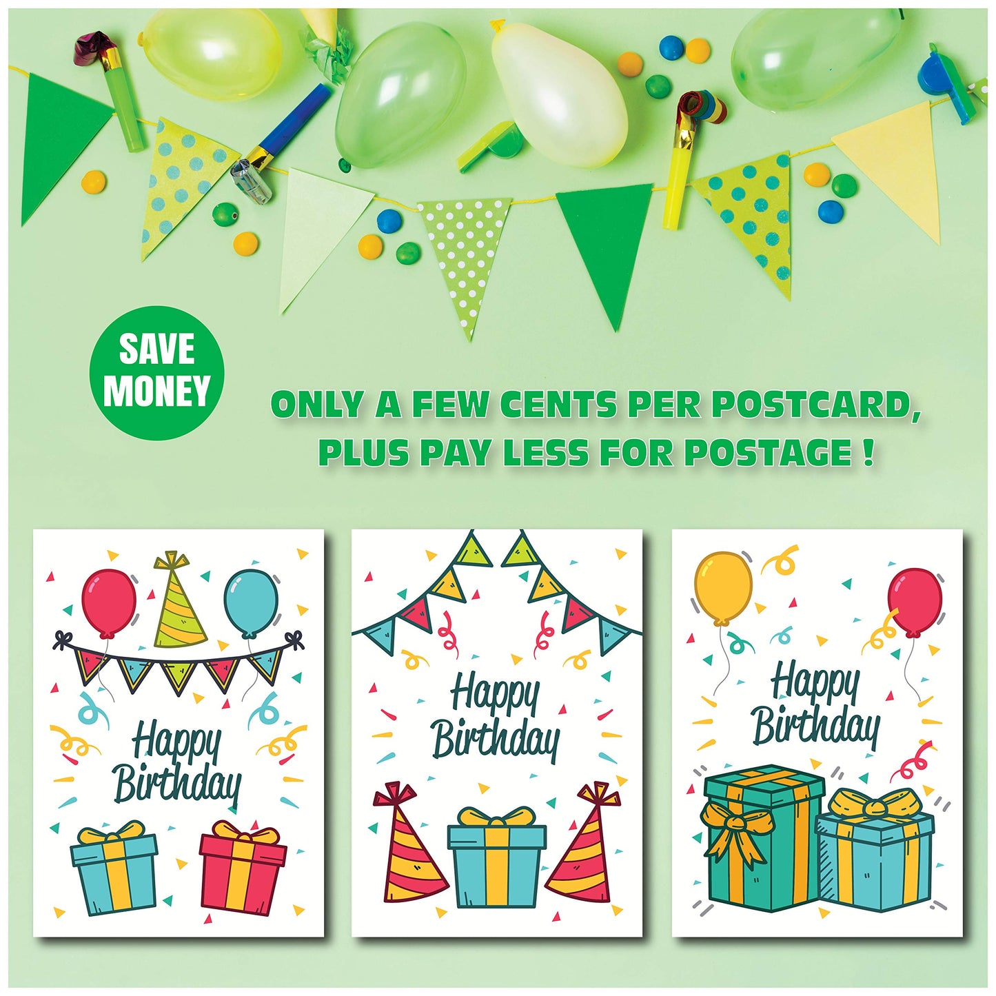 Happy Birthday Postcards - (48 Pack, 6 Different Designs) Party