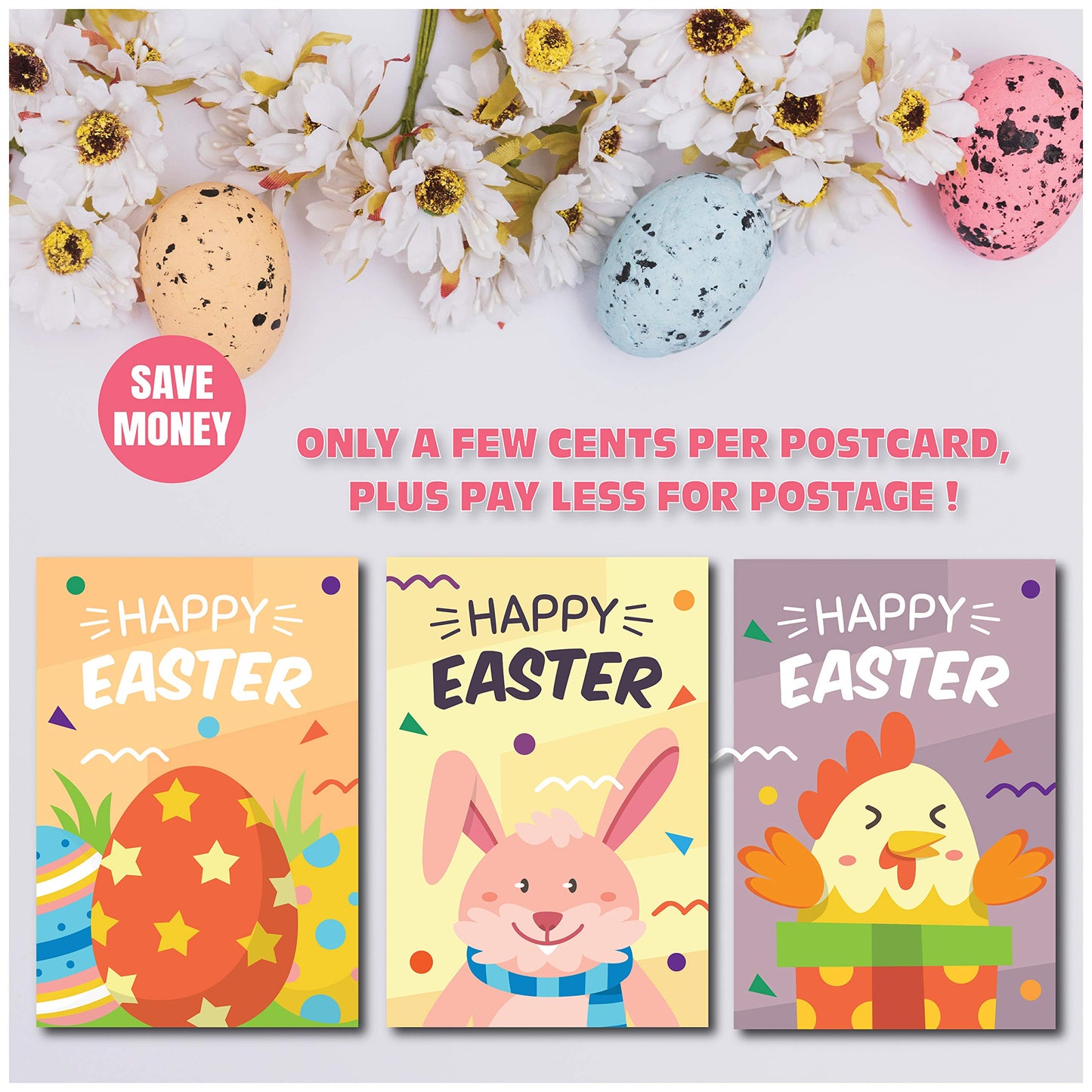 Happy Easter Postcards - (48-Pack, 6 Different Designs)