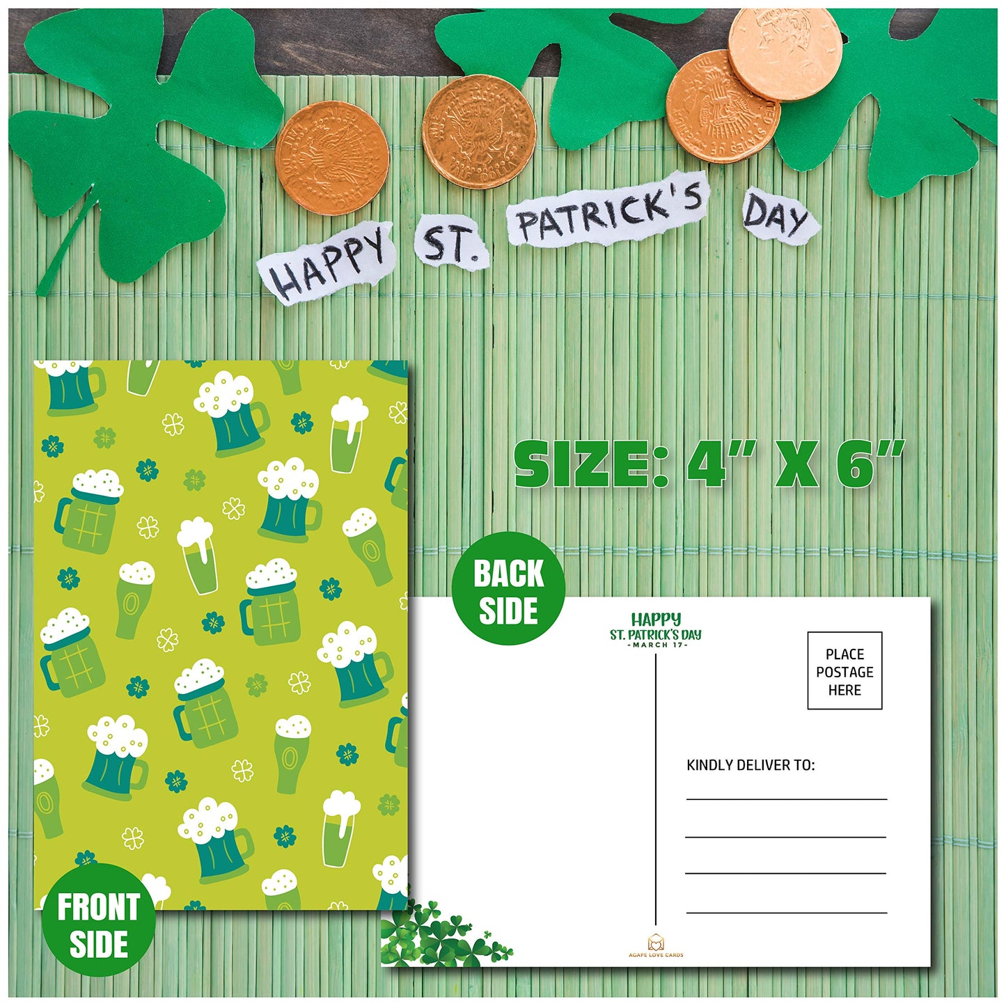 Happy St. Patrick's Day Postcards - (48-Pack, 6 Different Designs) Gold