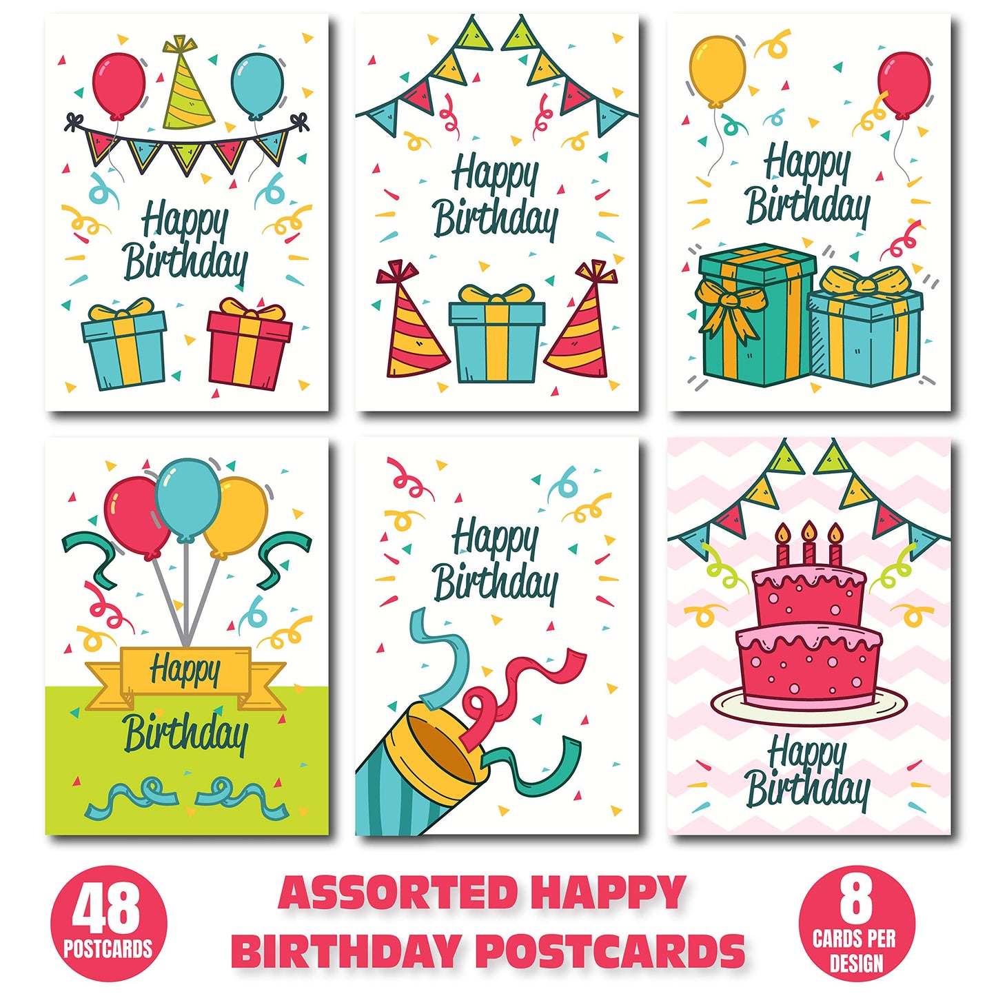 Happy Birthday Postcards - (48 Pack, 6 Different Designs) Party