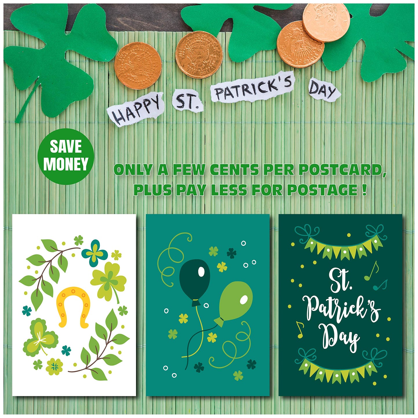 Happy St. Patrick's Day Postcards - (48-Pack, 6 Different Designs) Luck