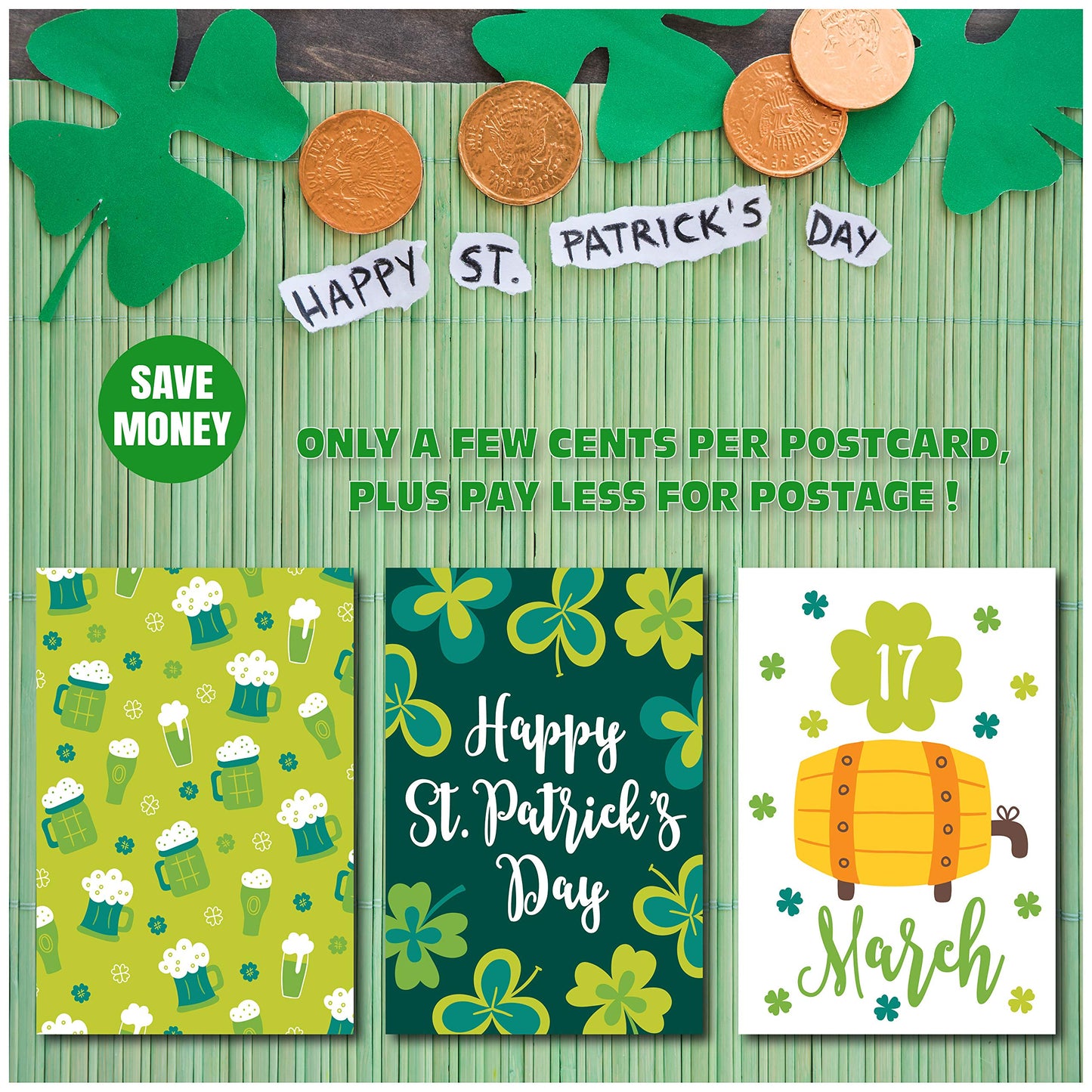 Happy St. Patrick's Day Postcards - (48-Pack, 6 Different Designs) Gold