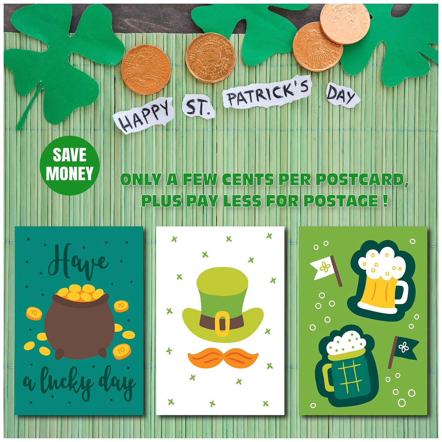 Happy St. Patrick's Day Postcards - (48-Pack, 6 Different Designs) Gold